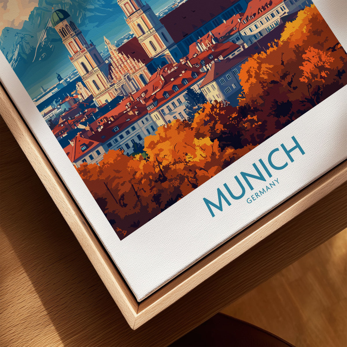 Munich Travel Poster canvas print close-up showing the natural wood float frame edge and canvas texture