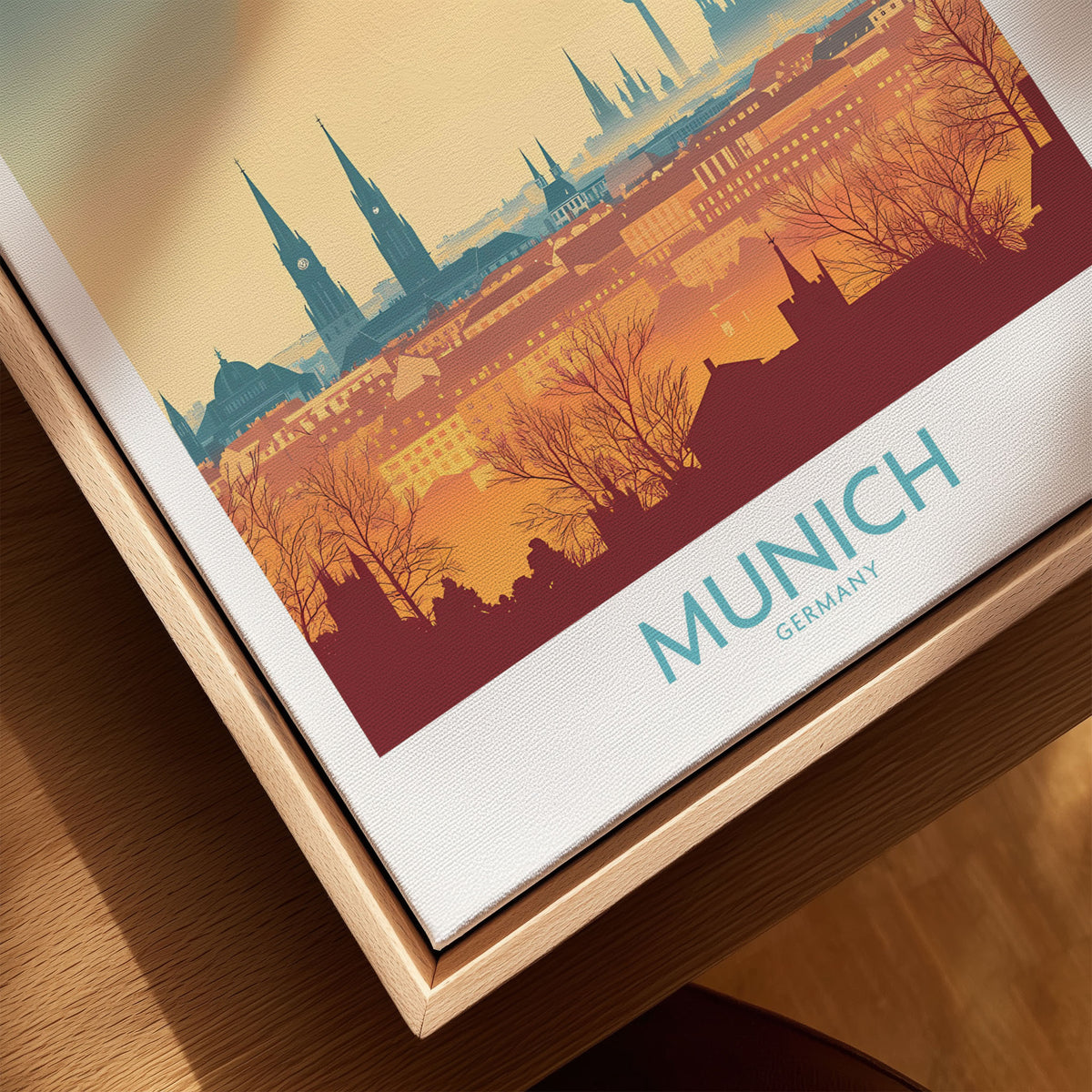 Munich Print Germany canvas print close-up showing the natural wood float frame edge and canvas texture