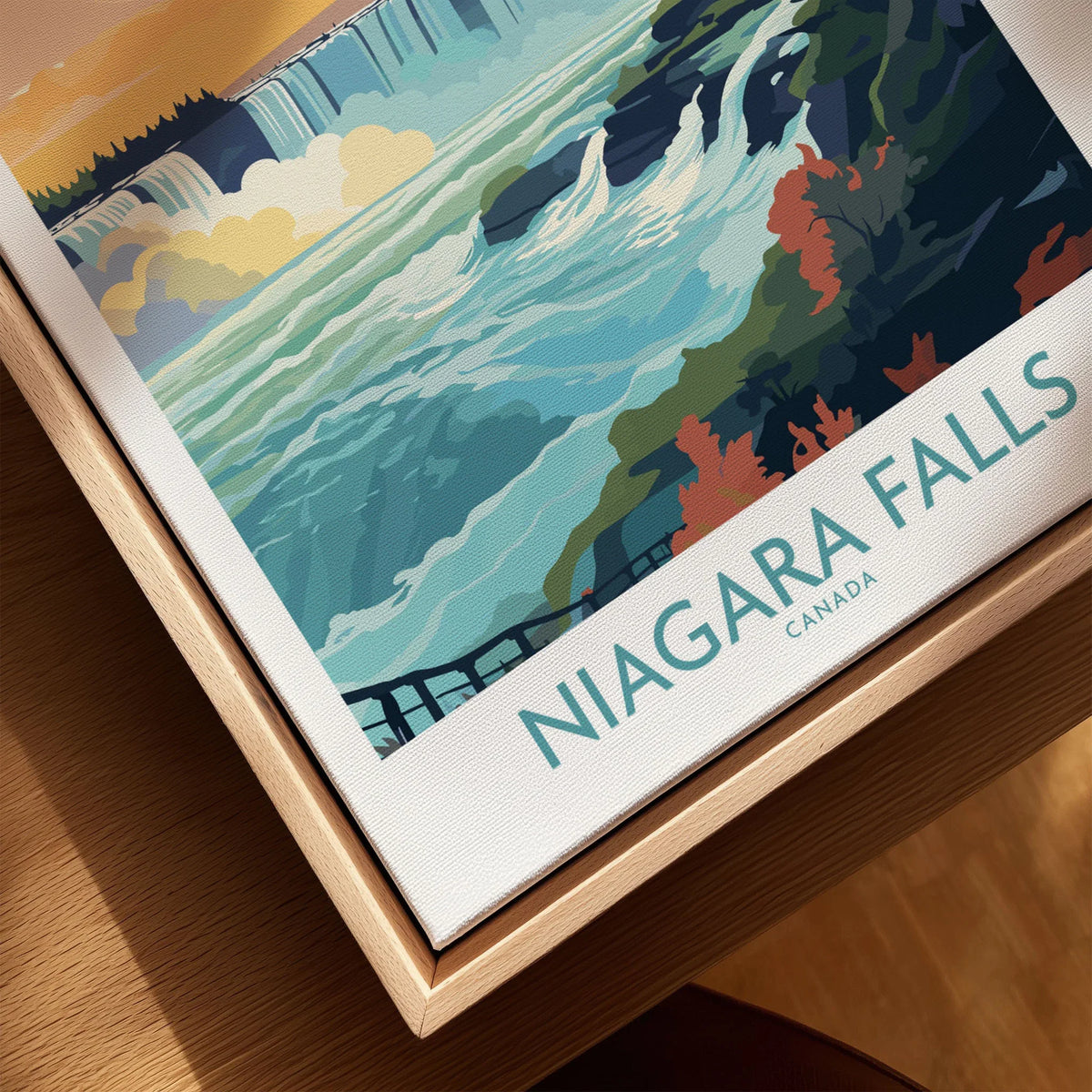 Niagara Falls Poster canvas print close-up showing the natural wood float frame edge and canvas texture