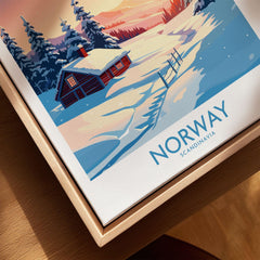 Norway Poster Print canvas print close-up showing the natural wood float frame edge and canvas texture