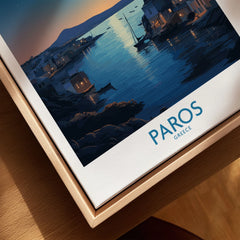 Paros Poster Greece canvas print close-up showing the natural wood float frame edge and canvas texture