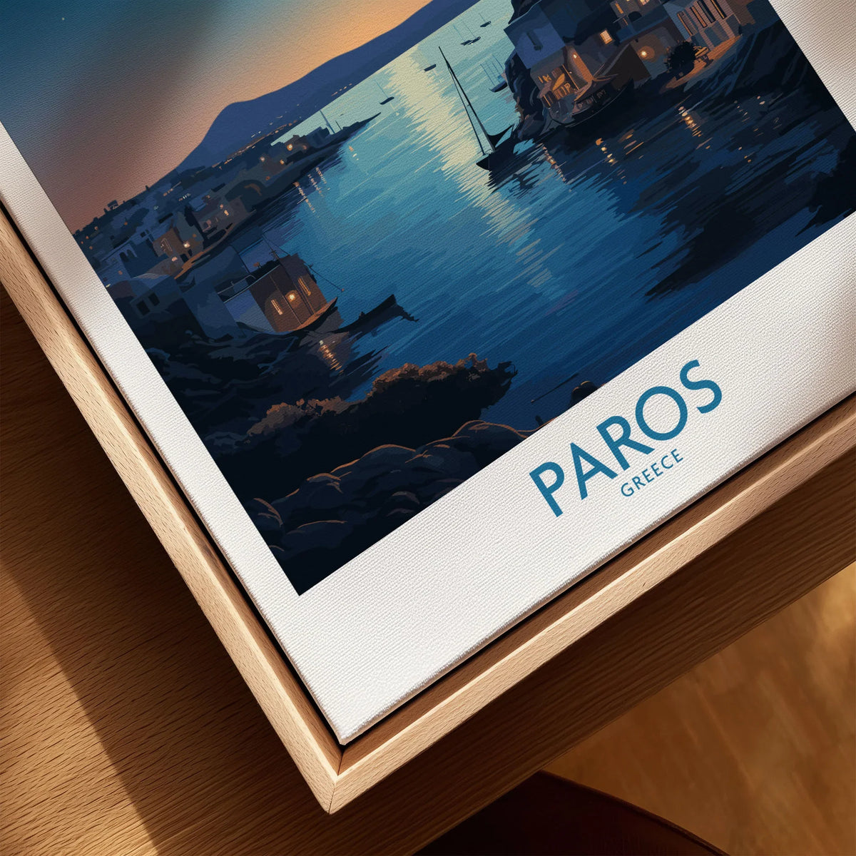 Paros Poster Greece canvas print close-up showing the natural wood float frame edge and canvas texture