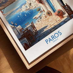 Paros Wall Art Greece canvas print close-up showing the natural wood float frame edge and canvas texture