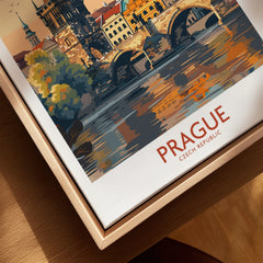 Prague Travel Poster canvas print close-up showing the natural wood float frame edge and canvas texture