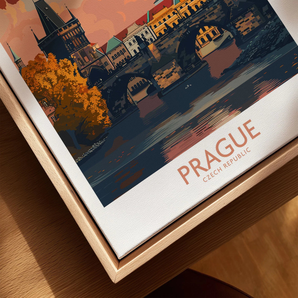 Prague Travel Print canvas print close-up showing the natural wood float frame edge and canvas texture