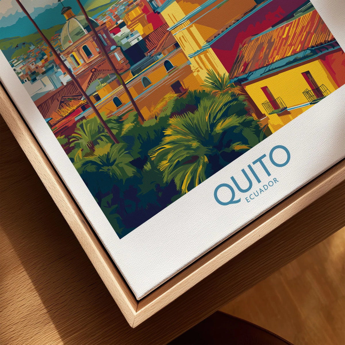 Ecuador Quito Cityscape Travel Print Poster Colonial Churches Andes Mountain Wall Art canvas print close-up showing the natural wood float frame edge and canvas texture