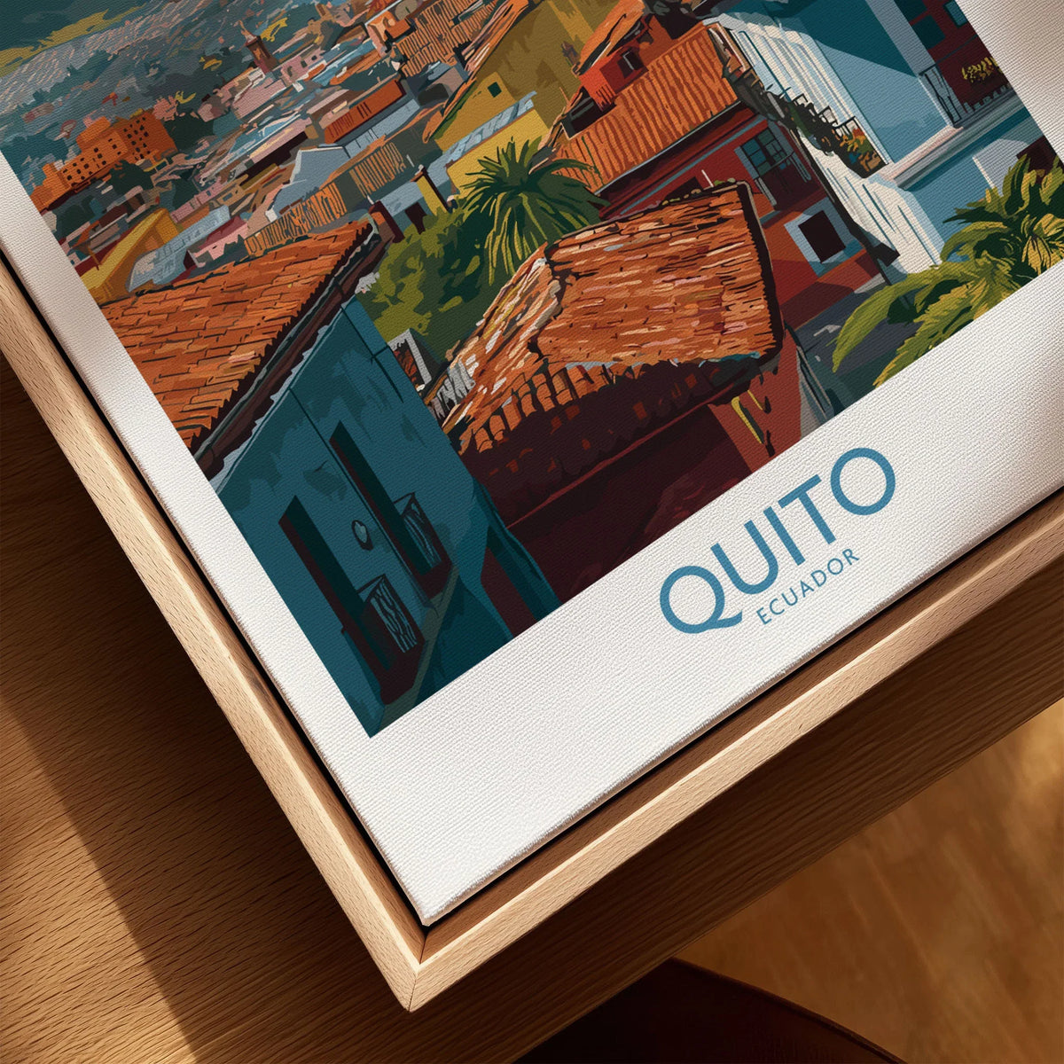 Ecuador Quito Rooftops Travel Poster City View Print Andes Landscape Wall Art South America canvas print close-up showing the natural wood float frame edge and canvas texture
