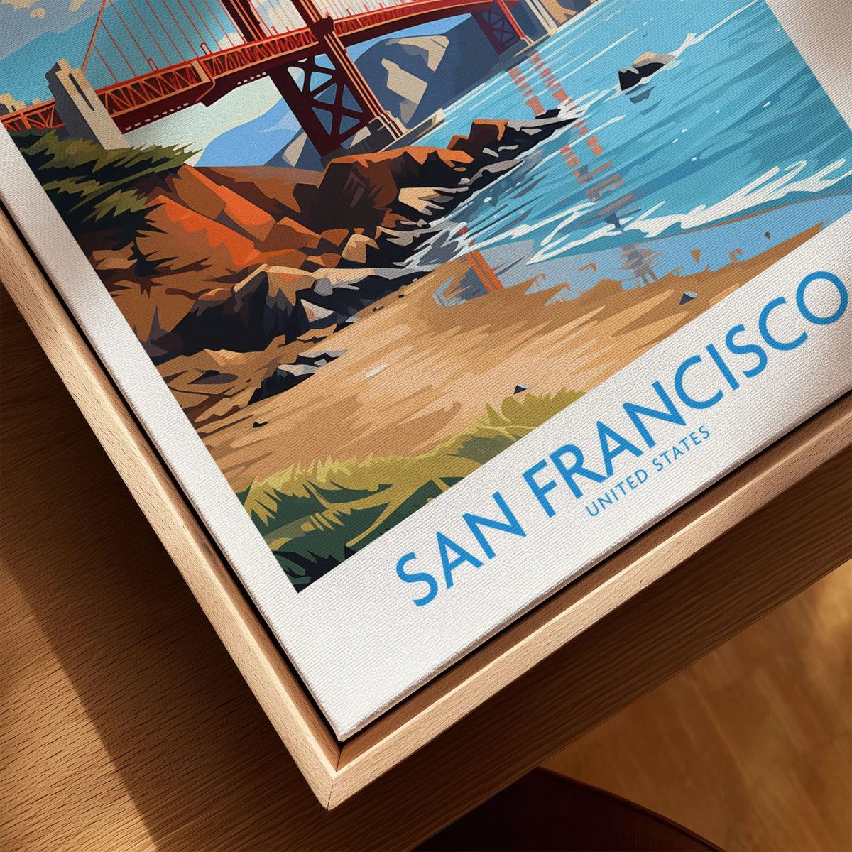 San Francisco Poster canvas print close-up showing the natural wood float frame edge and canvas texture