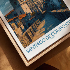 Santiago de Compostela Art Print | Galician Travel Poster canvas print close-up showing the natural wood float frame edge and canvas texture
