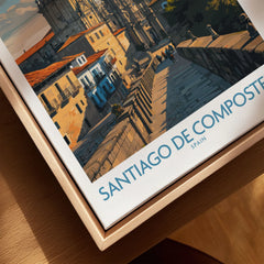 Santiago de Compostela Pilgrimage End Art Print | Cathedral Facade Poster canvas print close-up showing the natural wood float frame edge and canvas texture