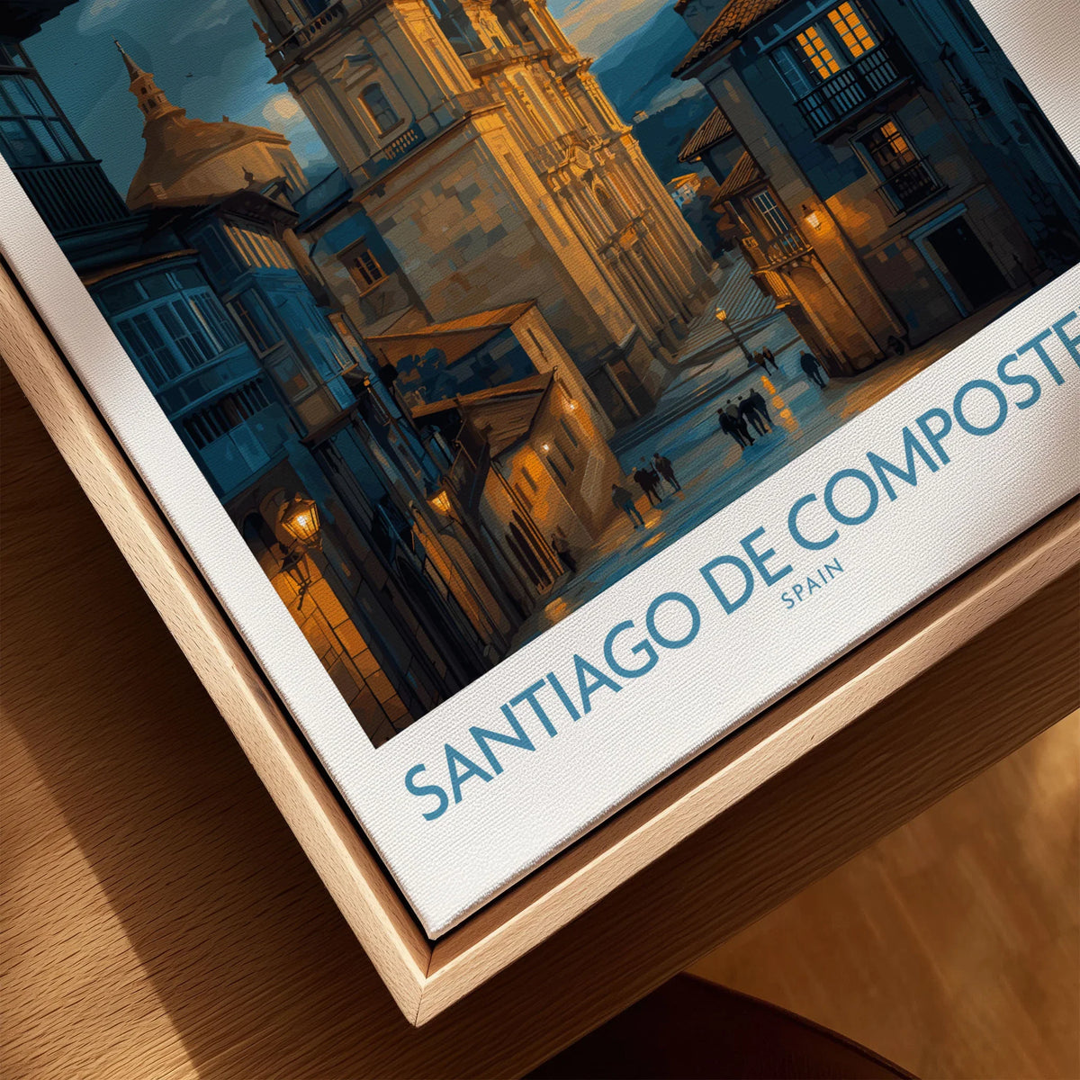 Santiago de Compostela Cathedral Art Print | Cityscape Poster canvas print close-up showing the natural wood float frame edge and canvas texture