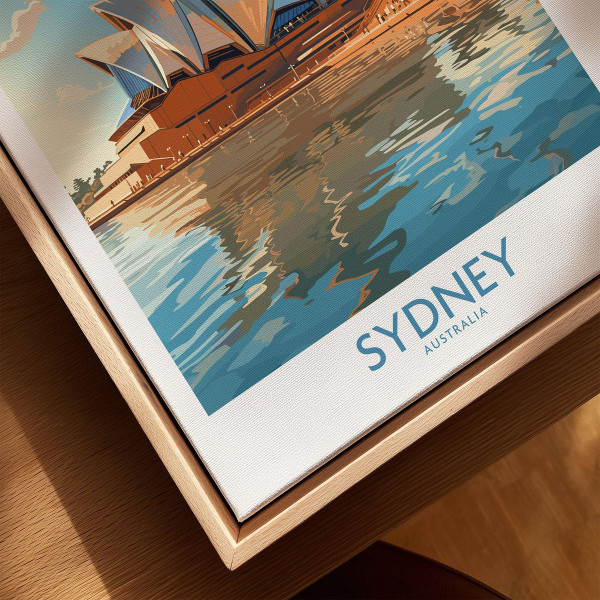Sydney Print canvas print close-up showing the natural wood float frame edge and canvas texture
