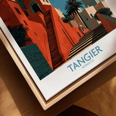 Tangier Morocco Crescent Moon Wall Art — coral kasbah steps climbing towards a minaret under a crescent moon, shown as closeup framed canvas natural wood floating frame