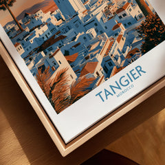 Tangier Morocco Sailboats and Rooftops Wall Art — Tangier medina rooftops and a minaret above a bay dotted with sails, shown as closeup framed canvas natural wood floating frame