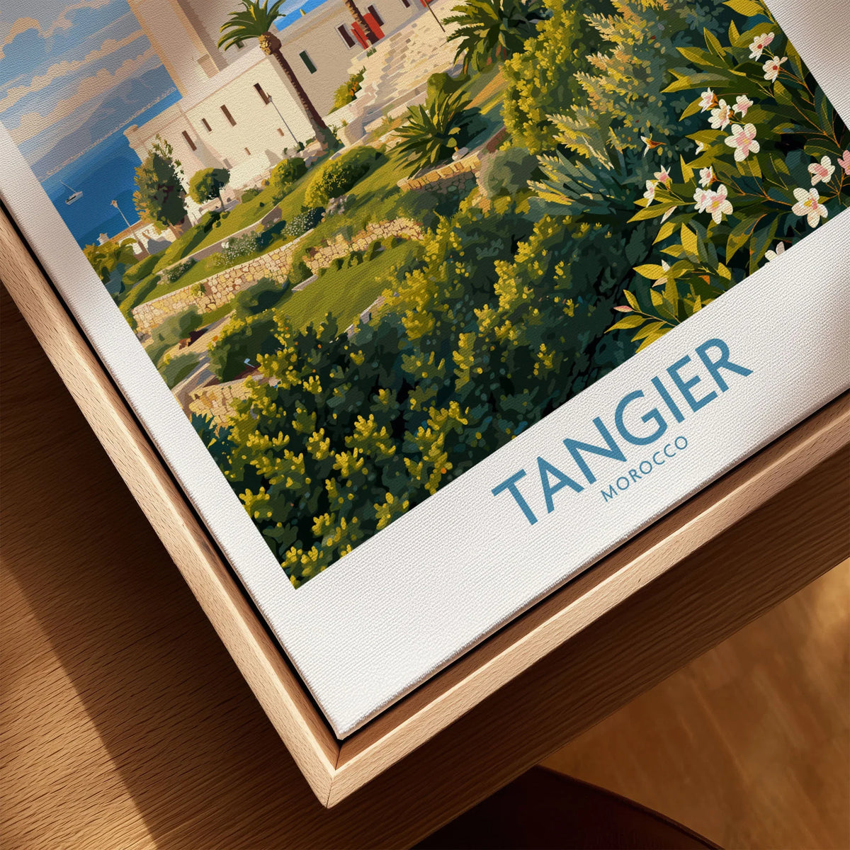 Tangier Morocco Lighthouse Gardens Wall Art — the Cap Spartel lighthouse above palm gardens and the blue strait, shown as closeup framed canvas natural wood floating frame
