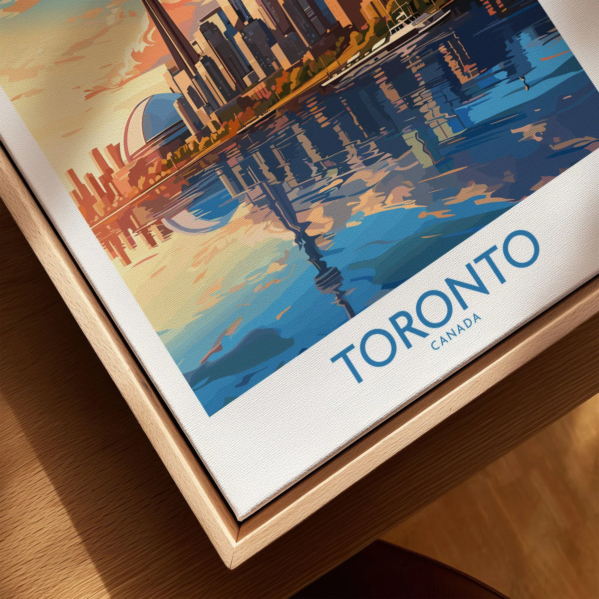 Toronto Wall Art Print canvas print close-up showing the natural wood float frame edge and canvas texture