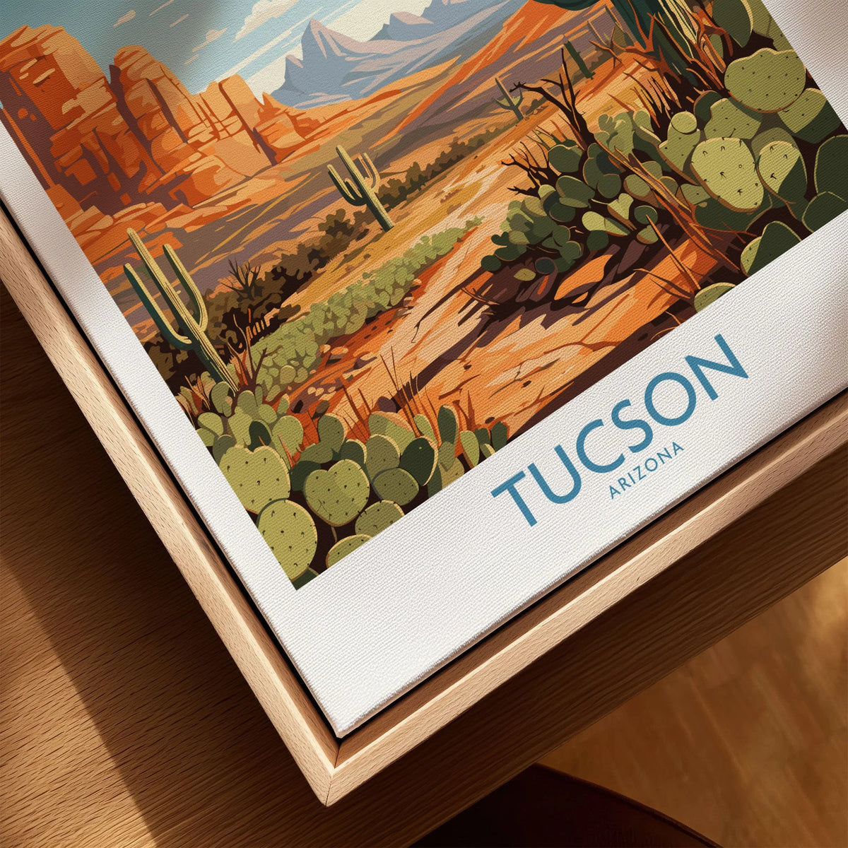 Tucson Arizona Wall Art canvas print close-up showing the natural wood float frame edge and canvas texture