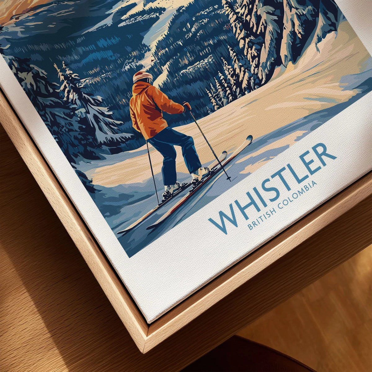 Whistler Ski Print - British Columbia canvas print close-up showing the natural wood float frame edge and canvas texture