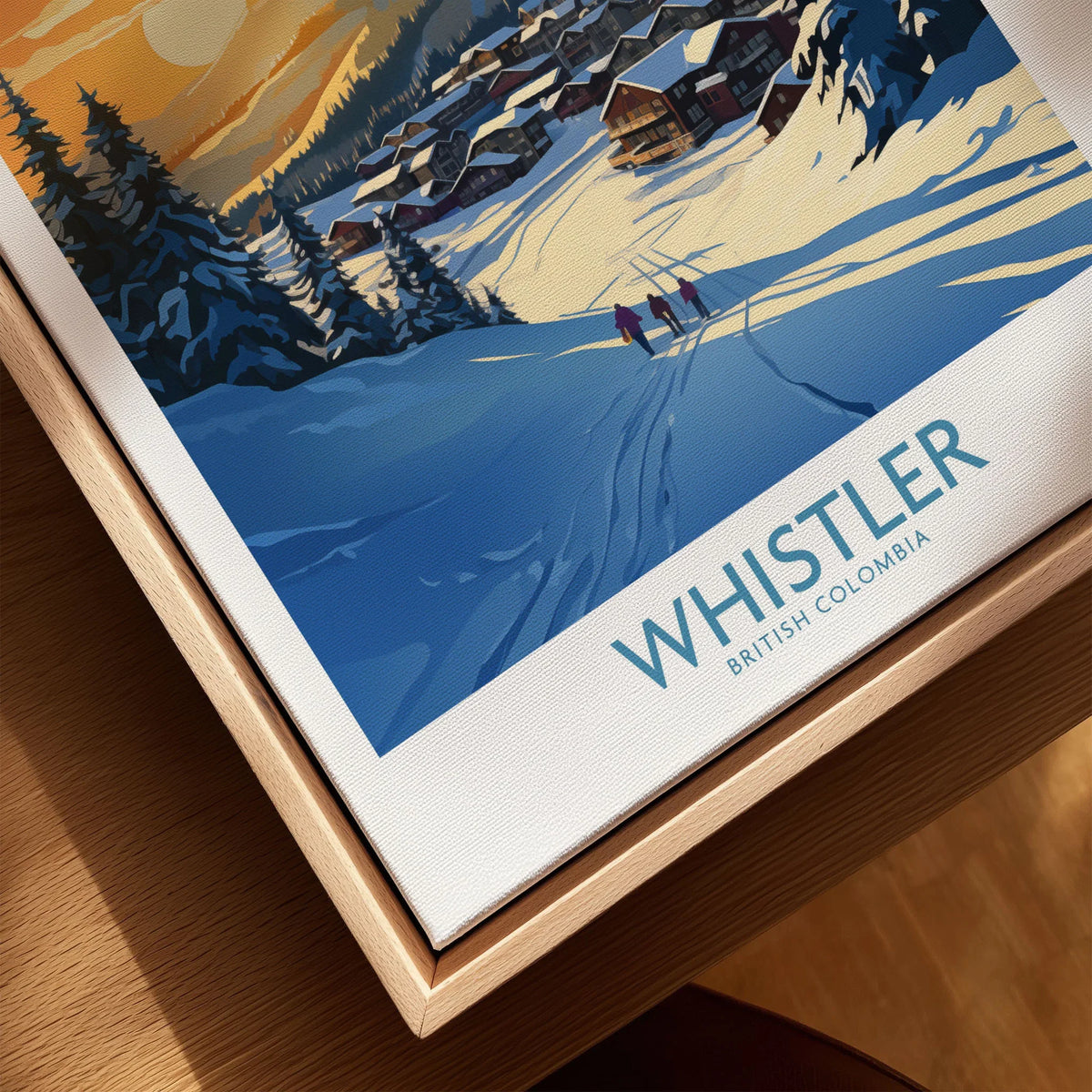 Whistler Wall Art Ski Poster canvas print close-up showing the natural wood float frame edge and canvas texture