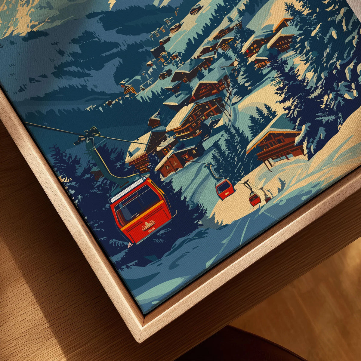 Megève Print France Ski Poster canvas print close-up showing the natural wood float frame edge and canvas texture