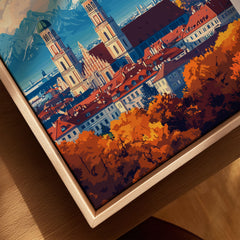 Munich Travel Print canvas print close-up showing the natural wood float frame edge and canvas texture