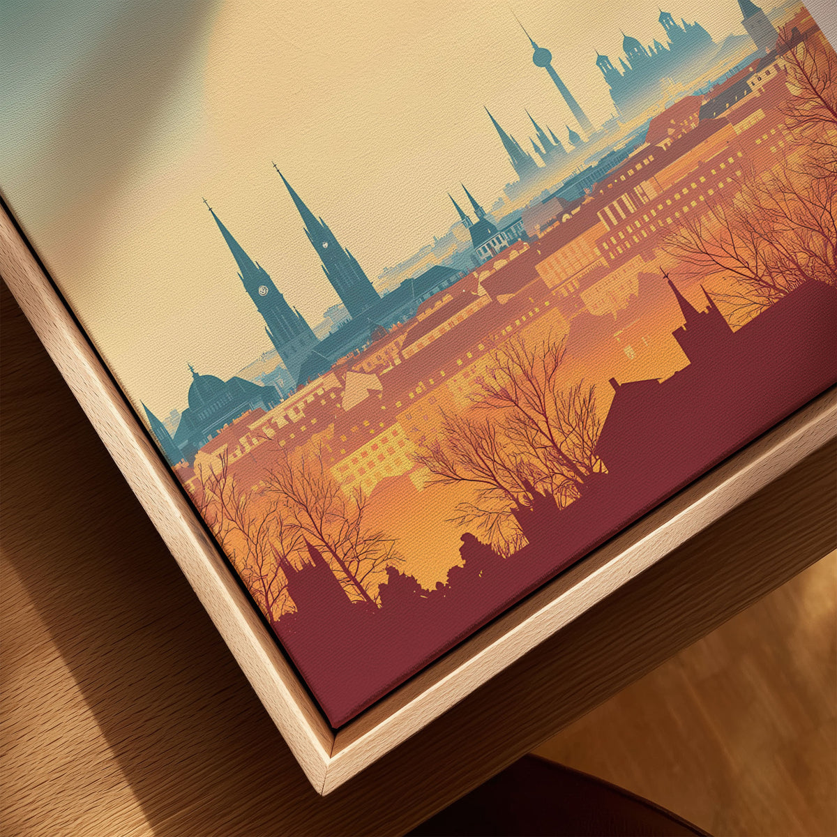 Munich Wall Art canvas print close-up showing the natural wood float frame edge and canvas texture