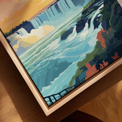 Niagara Falls Print canvas print close-up showing the natural wood float frame edge and canvas texture