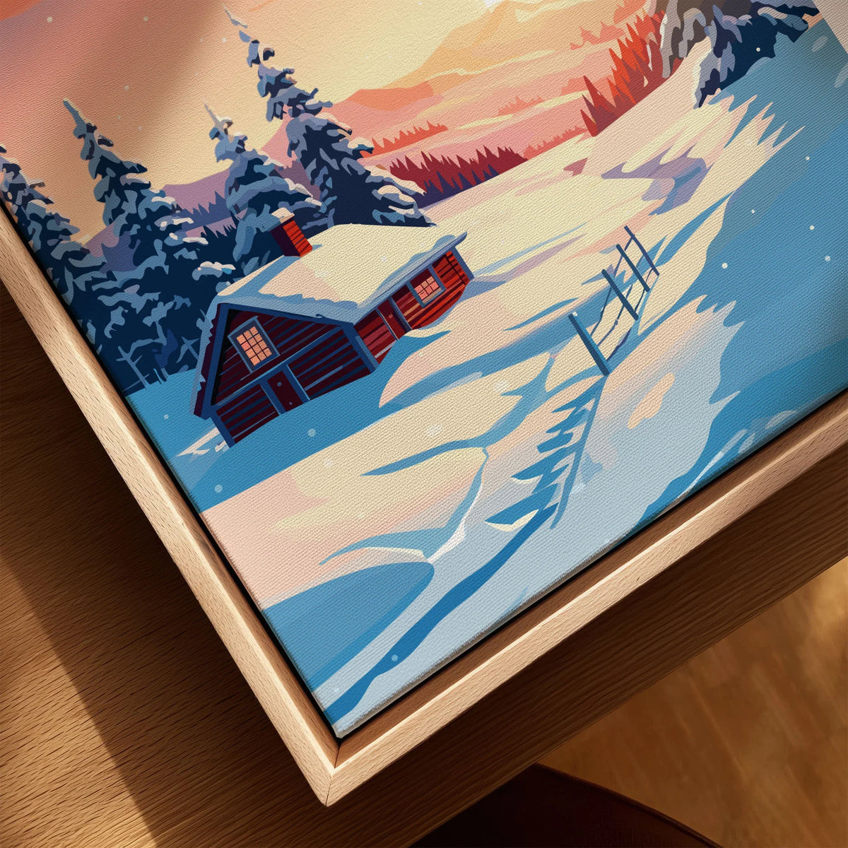 Norway Art Print canvas print close-up showing the natural wood float frame edge and canvas texture