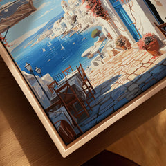Paros Travel Poster canvas print close-up showing the natural wood float frame edge and canvas texture