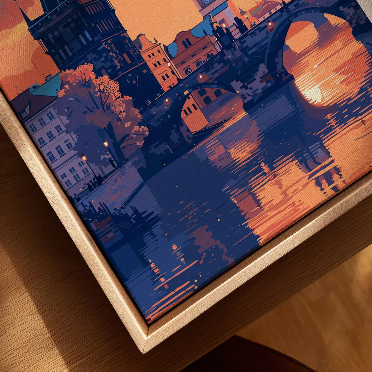 Prague Poster canvas print close-up showing the natural wood float frame edge and canvas texture