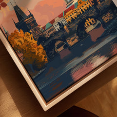 Prague Art Print canvas print close-up showing the natural wood float frame edge and canvas texture