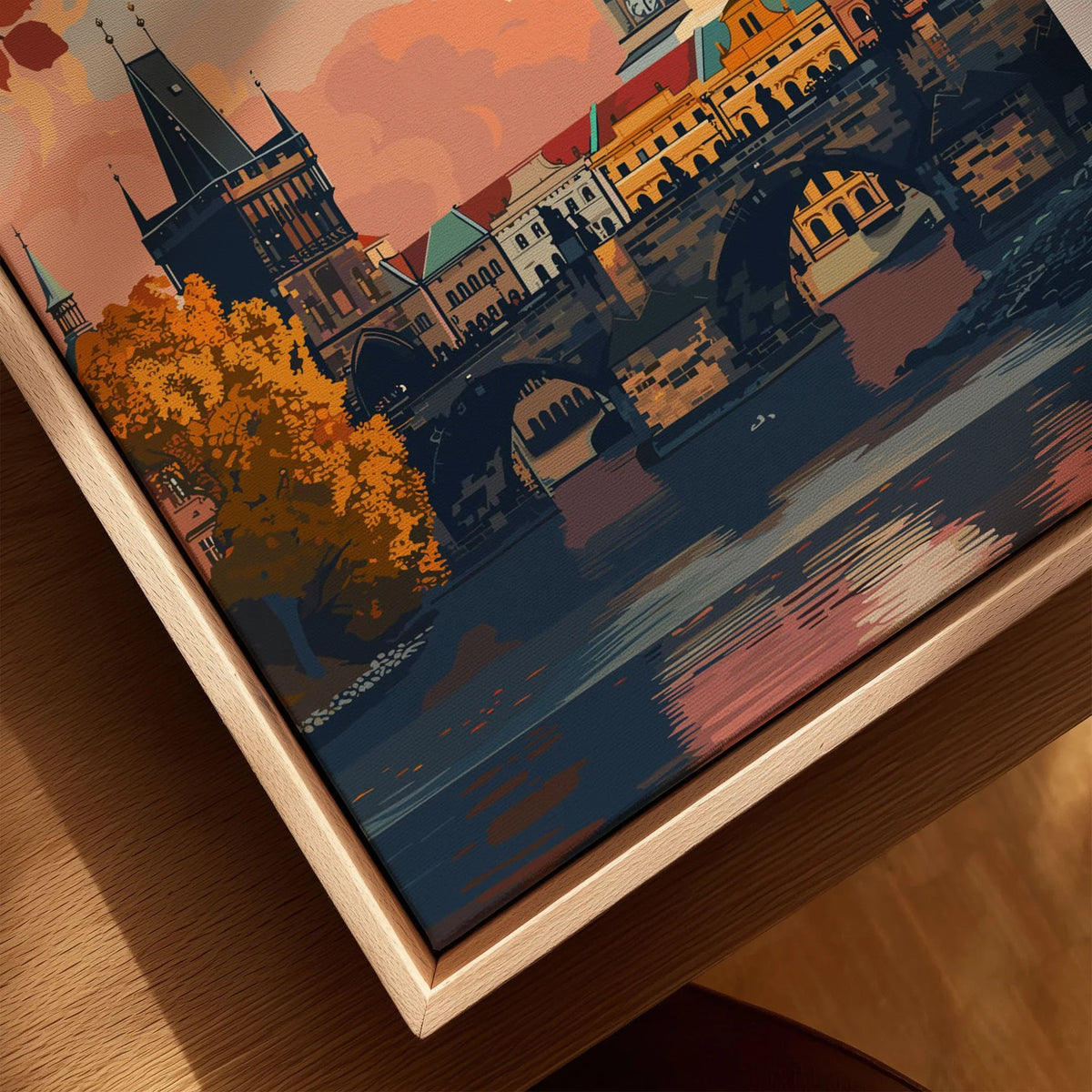 Prague Art Print canvas print close-up showing the natural wood float frame edge and canvas texture