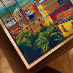 Quito Ecuador Travel Poster Cityscape Print Churches Palm Trees Andes Wall Art Decor canvas print close-up showing the natural wood float frame edge and canvas texture