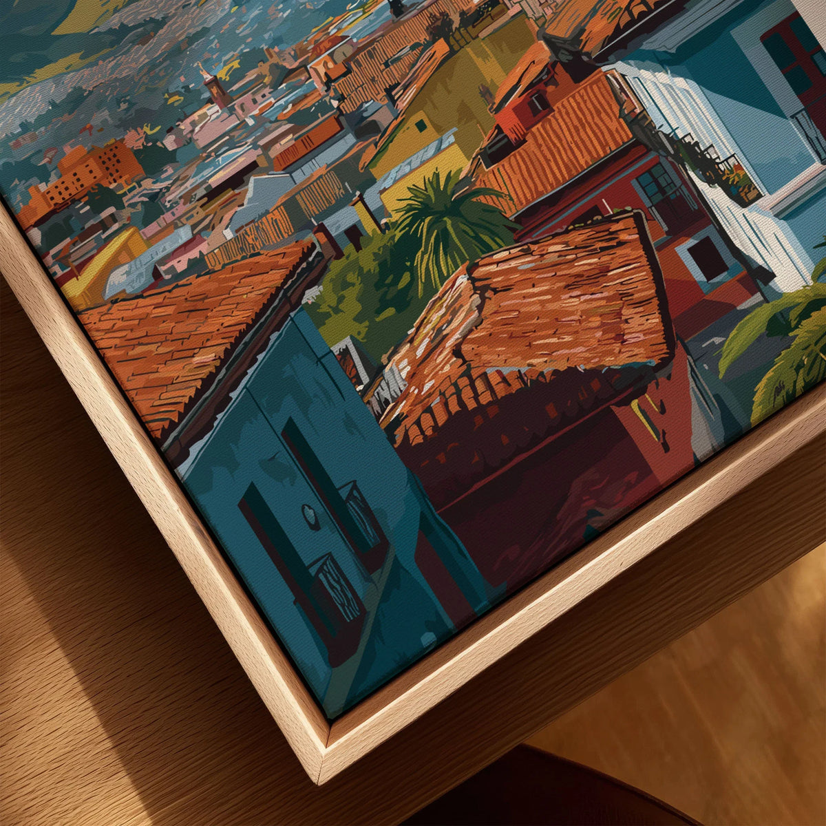 Quito Ecuador Travel Print Rooftop View Poster Cityscape Andes Hills Wall Art Decor canvas print close-up showing the natural wood float frame edge and canvas texture