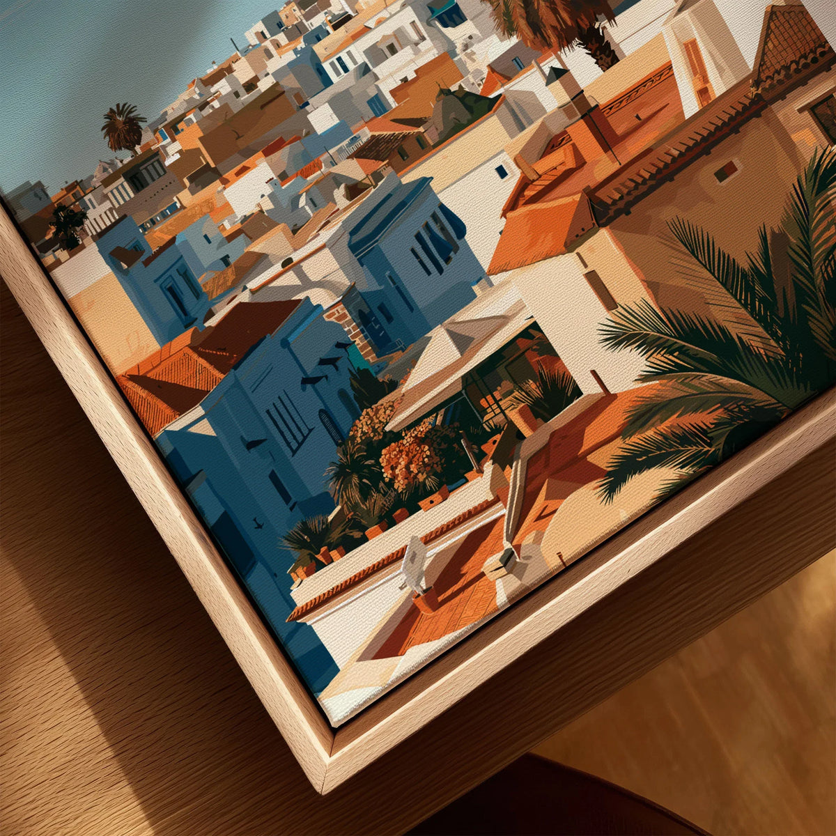 Rabat Morocco Medina Rooftops Travel Poster — medina rooftops and a pale minaret in late afternoon sun, shown as closeup framed canvas natural wood floating frame