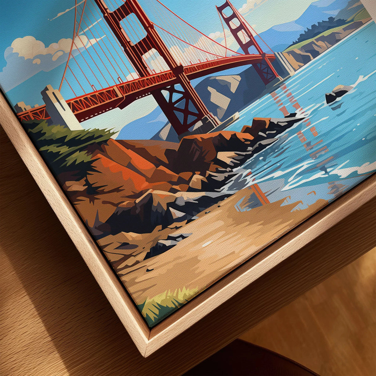 San Francisco Print canvas print close-up showing the natural wood float frame edge and canvas texture