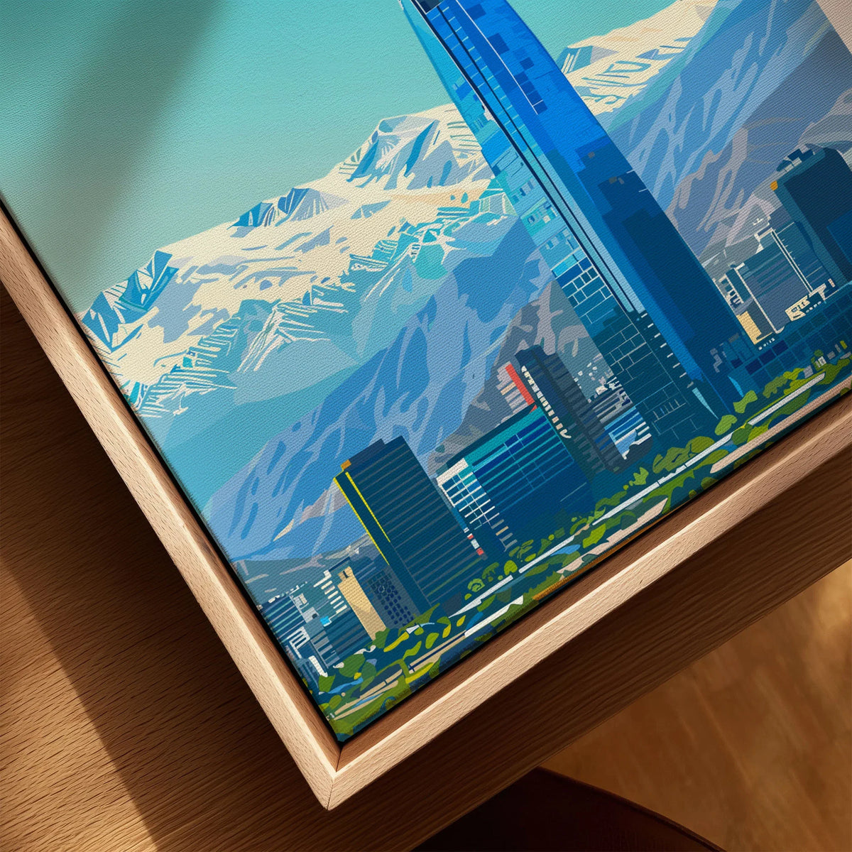 Santiago Travel Poster - Chile canvas print close-up showing the natural wood float frame edge and canvas texture