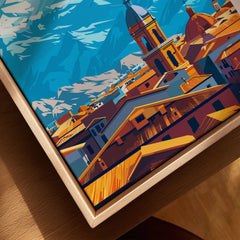 Santiago Travel Print - Chile Poster canvas print close-up showing the natural wood float frame edge and canvas texture