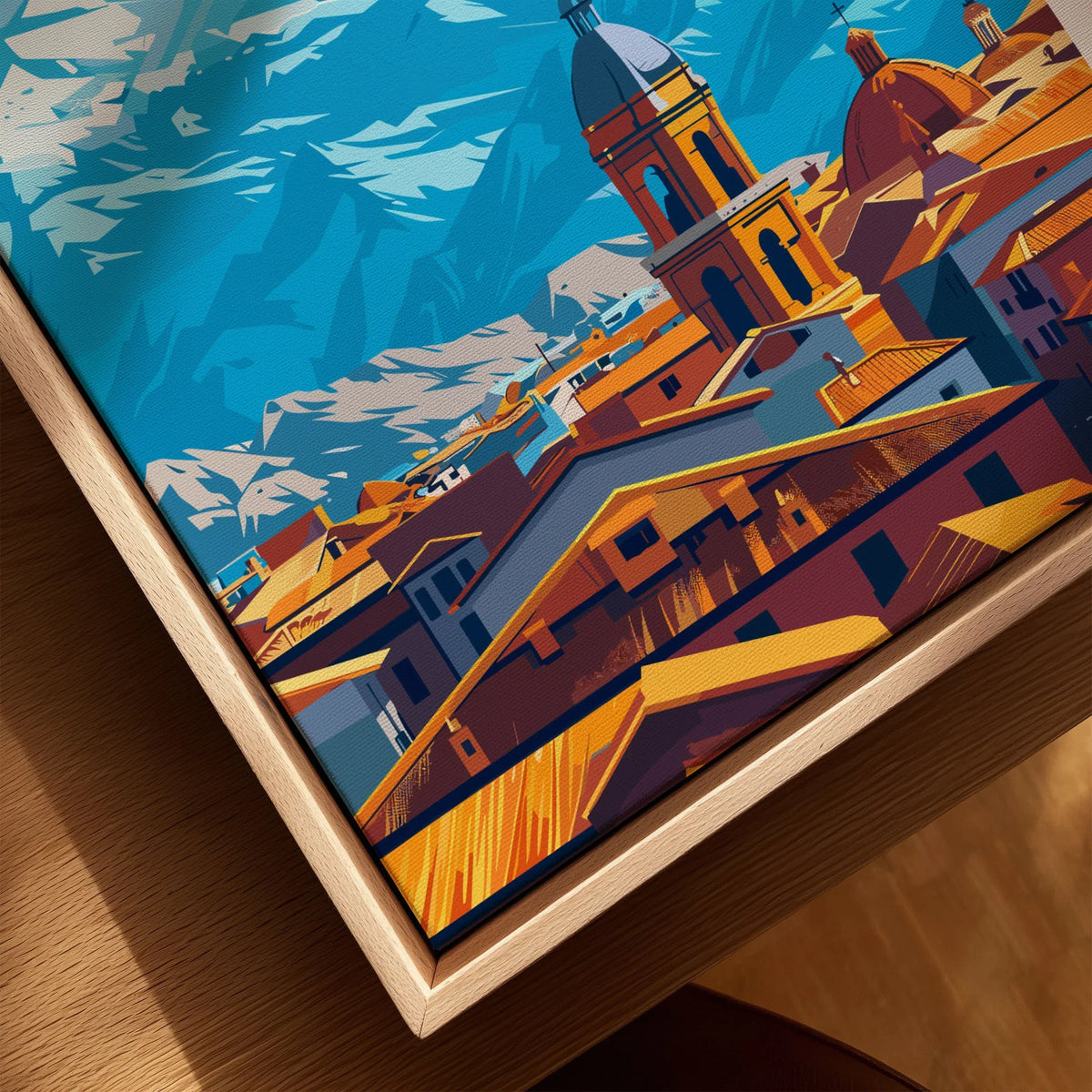 Santiago Travel Print - Chile Poster canvas print close-up showing the natural wood float frame edge and canvas texture