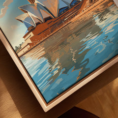 Sydney Poster Australia canvas print close-up showing the natural wood float frame edge and canvas texture