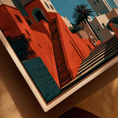 Tangier Morocco Kasbah Steps Travel Poster — coral kasbah steps climbing towards a minaret under a crescent moon, shown as closeup framed canvas natural wood floating frame