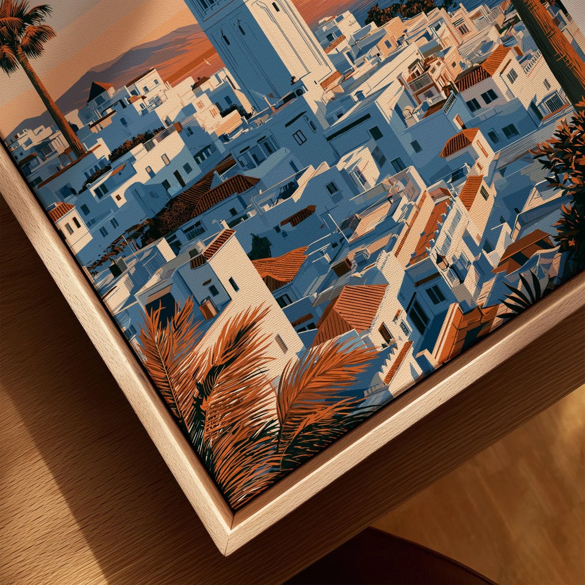 Tangier Morocco Sunset Medina Travel Poster — Tangier medina rooftops and a minaret above a bay dotted with sails, shown as closeup framed canvas natural wood floating frame