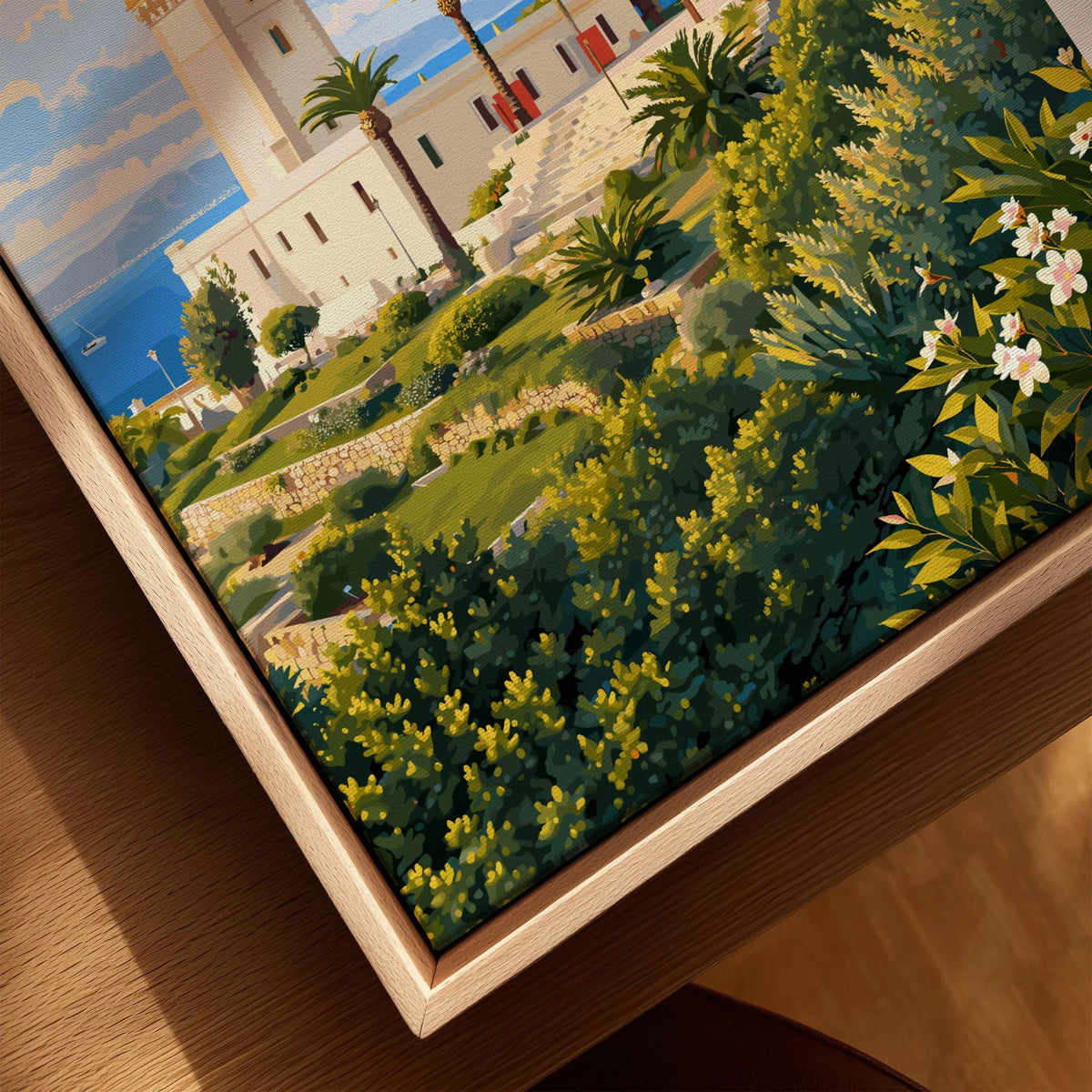Tangier Morocco Cap Spartel Lighthouse Travel Poster — the Cap Spartel lighthouse above palm gardens and the blue strait, shown as closeup framed canvas natural wood floating frame