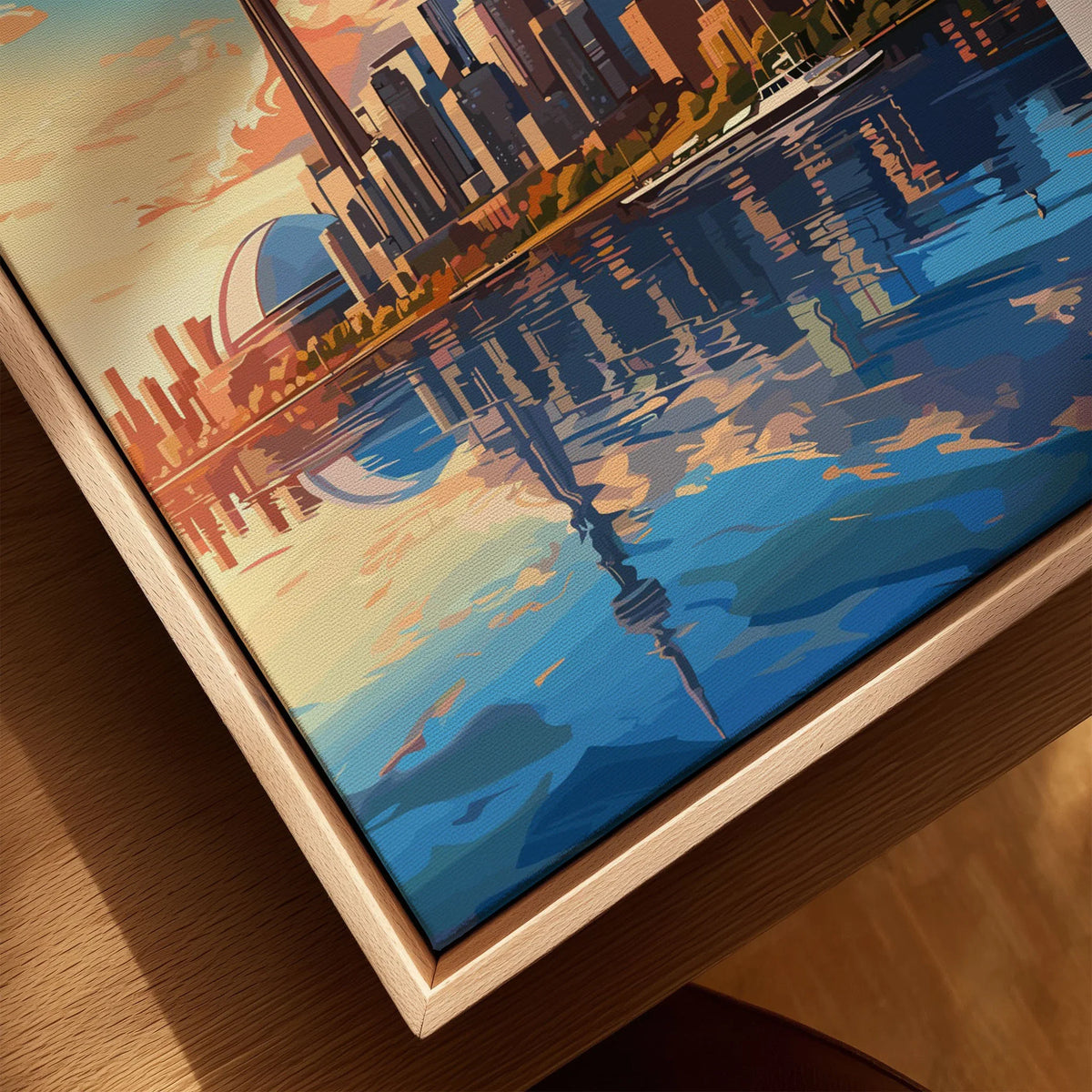 Toronto Poster canvas print close-up showing the natural wood float frame edge and canvas texture