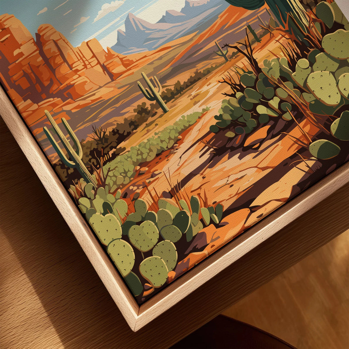 Tucson Arizona Print canvas print close-up showing the natural wood float frame edge and canvas texture