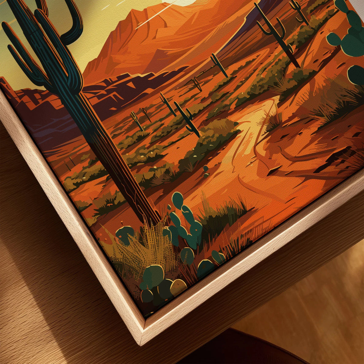 Tucson Arizona Poster canvas print close-up showing the natural wood float frame edge and canvas texture