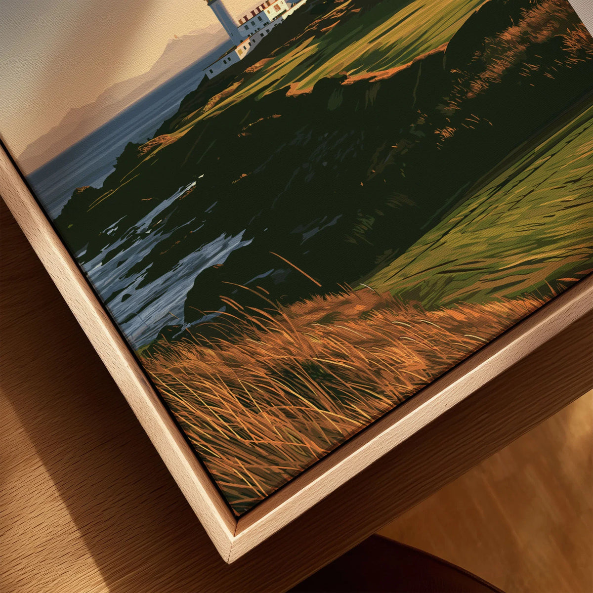 Turnberry Scotland Lighthouse Travel Poster — the Turnberry lighthouse above a rocky shore with the Arran hills beyond, shown as closeup framed canvas natural wood floating frame