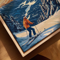 Whistler Travel Poster -  British Columbia canvas print close-up showing the natural wood float frame edge and canvas texture