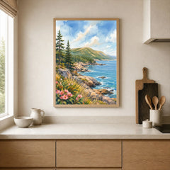 Acadia National Park rocky coastline and pines watercolour art print framed print in a kitchen