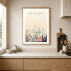 Amsterdam city skyline art print, framed print in a kitchen
